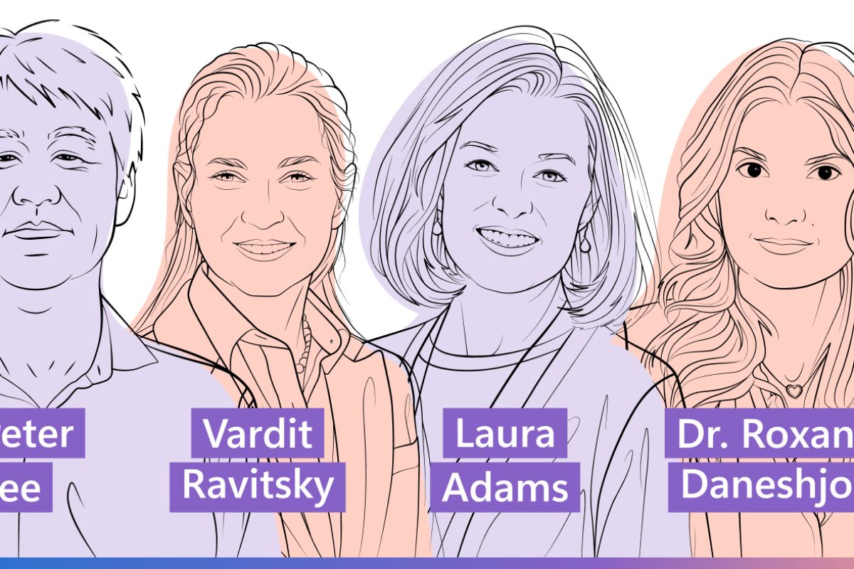 Illustrations of speakers on podcast