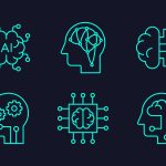 AI image icons graphic showing six different drawings of human heads and brains