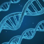 Three blue DNA strands against dark blue background