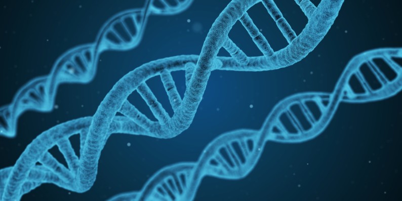 Three blue DNA strands against dark blue background