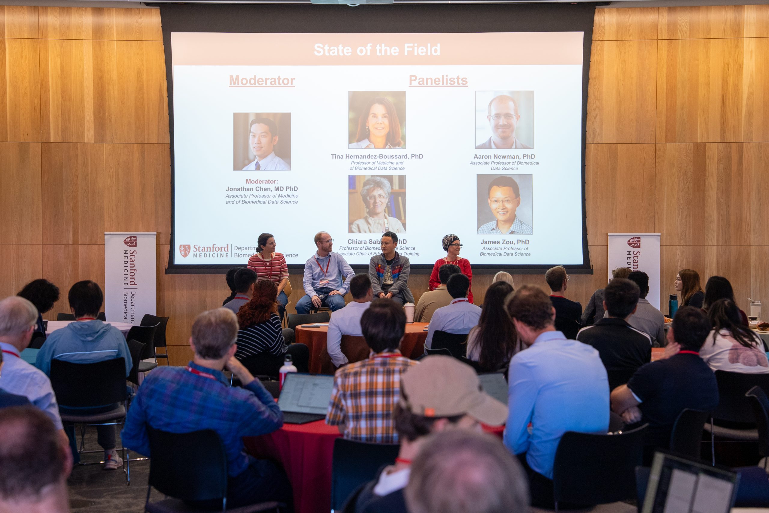 State of the Field Panel at 2026 DBDS Retreat. From left to right: Tina Hernandez-Boussard, Aaron Newman, James Zou, Chiara Sabatti