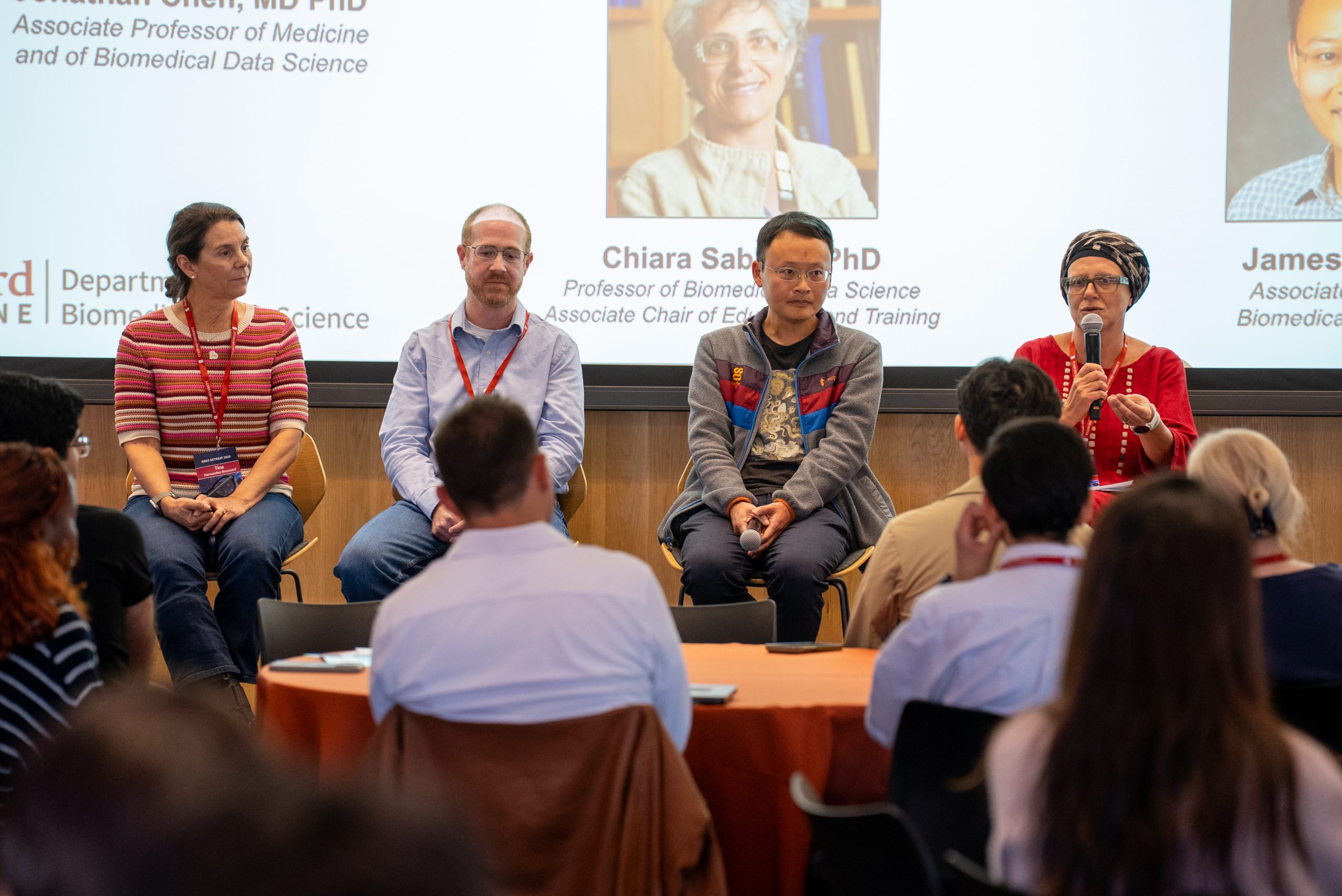 State of the Field Panel. From left to right: Tina Hernandez-Boussard, Aaron Newman, James Zou, Chiara Sabatti
