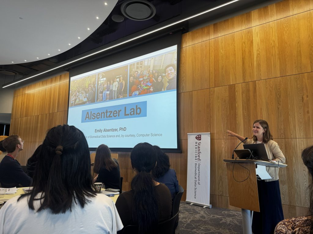 Emily Alsentzer giving her lightning talk at the 2026 DBDS Retreat.